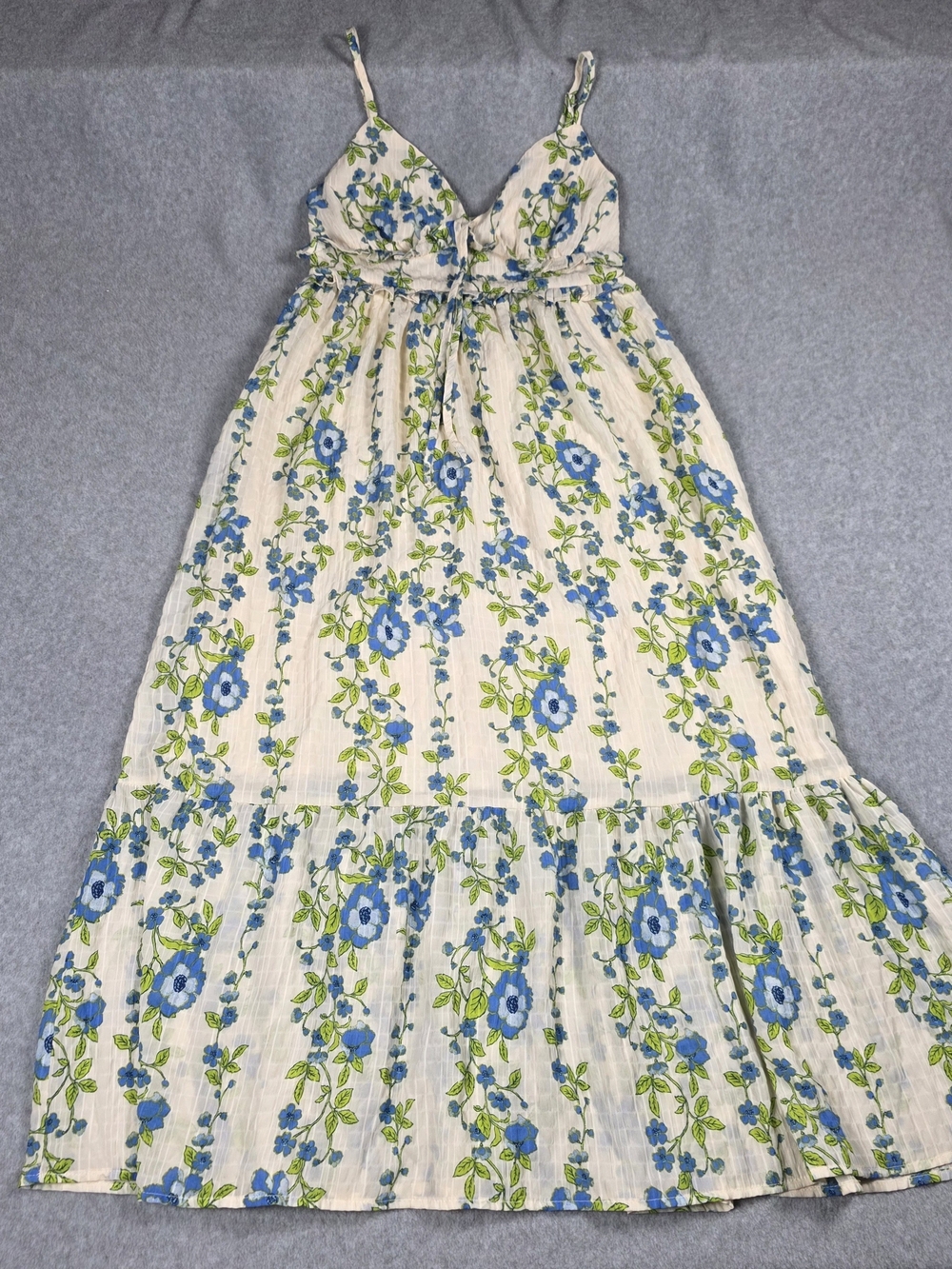 Cream Maxi Dress with Blue Floral Print and Green Accents